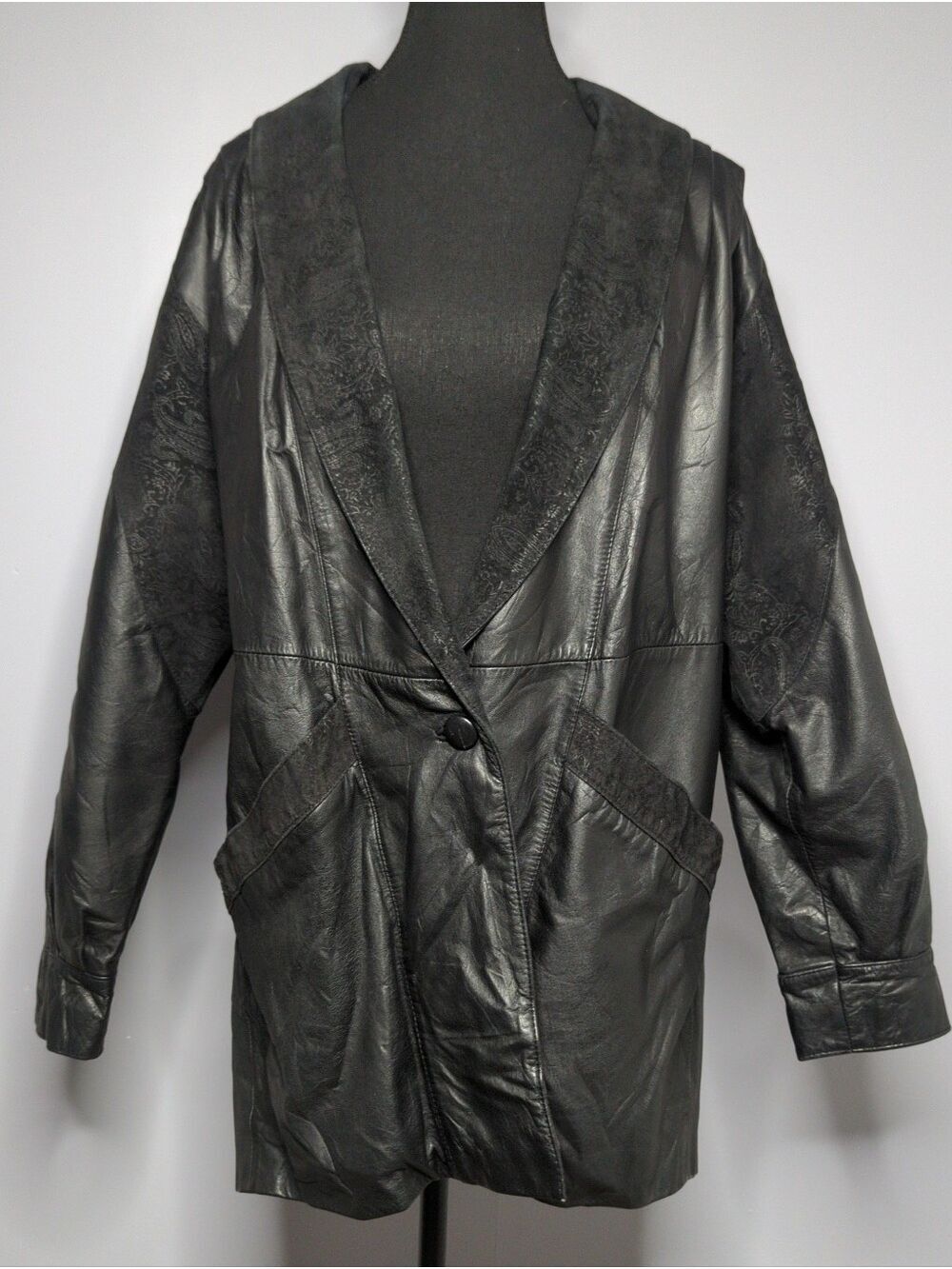 Vintage 80s Pelle Studio Black Leather Paisley Brocade Jacket Oversized Medium